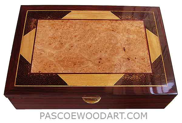 Handcrafted wood box - Men's valet box mad of colobolo with mosaic top of maple burl ceylon satinwood,black palm
