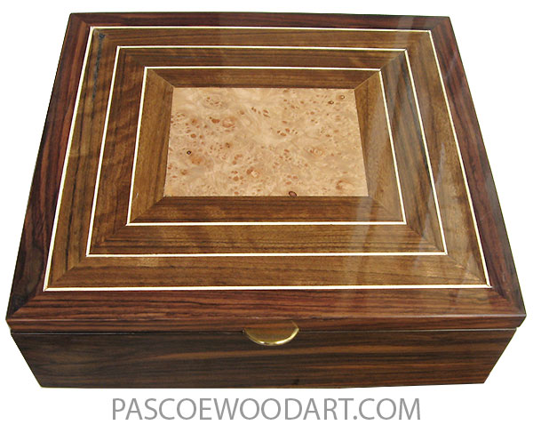 Handmade wood large box - Men's large valet box made of Indian rosewood with mosaic top of shedua with maple burl center and holly stringing
