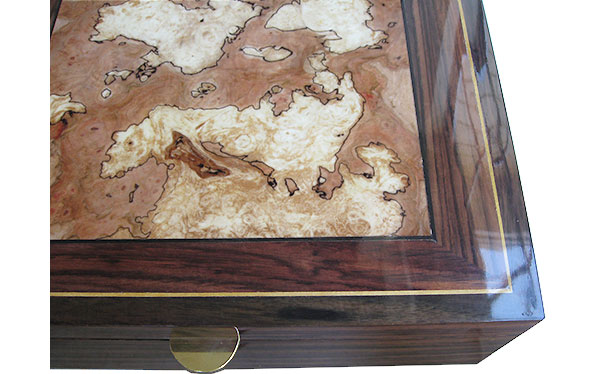 Variegated spalted maple burl center framed in East Indian rosewood with Ceylon satinwood springint box top - Handcrafted wood box
