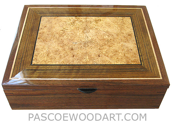 Handcrafted wood box - Decorative wood men's valet box made of Claro walnut, shedua, maple burl