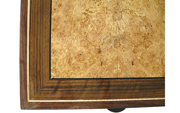Handcrafted wood box top close up - Maple burl, Shedua inlaid top