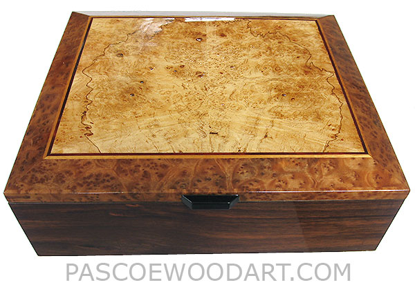 Handcrafted wood large box - Decorative wood large valet box, keepsake box for men made of Indian rosewood with maple burl framed in camphor burl box top