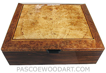Handcrafted large wood box - Decorative wooe men's valet - large wood keepsake box made of Indian rosewood with maple burl framed in camphor burl box top