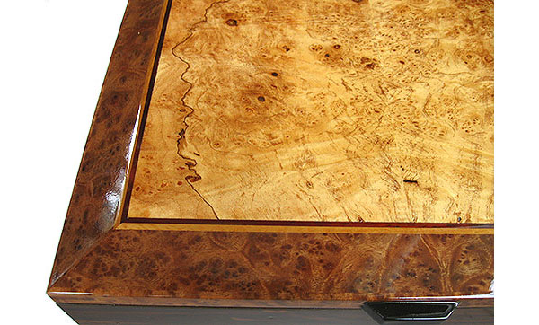 Maple burl framed in camphor burl box top close-up - Handcrafted decorative large wood box, men's valet, keepsake box