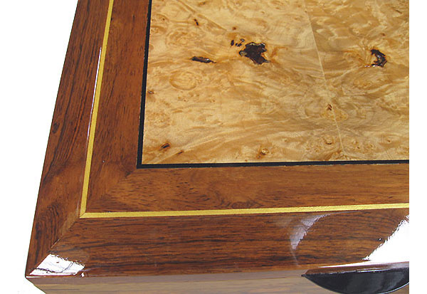 Maple bur inlaid Honduras rosewood box top close-up - Handcrafted large men's valet box, keepsake box